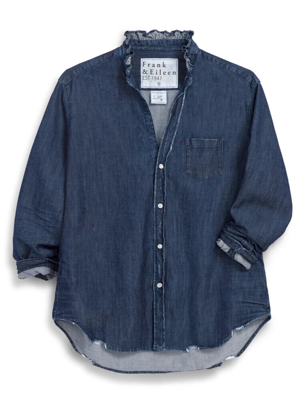 NEW, Frank & Eileen Ruffle Collar Button-Up Shirt in Vintage Indigo Sz L #T4126